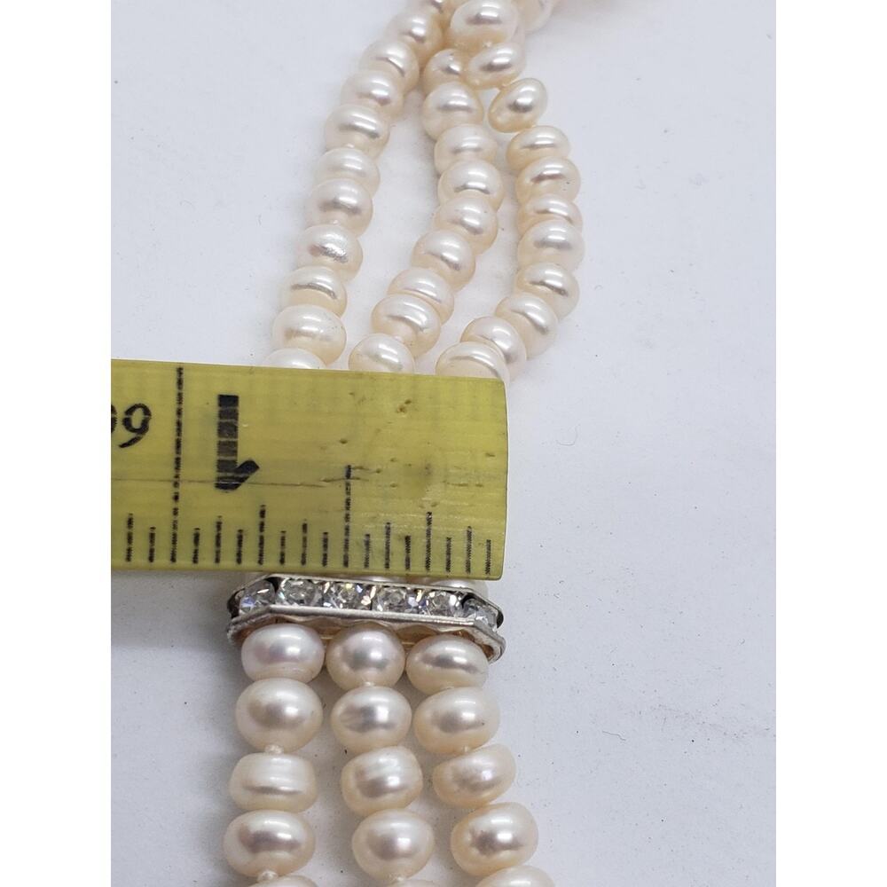 Freshwater Pearl Necklace 3 Strand White Rhinestone Spacers Silver Tone Layered - Picture 6 of 15